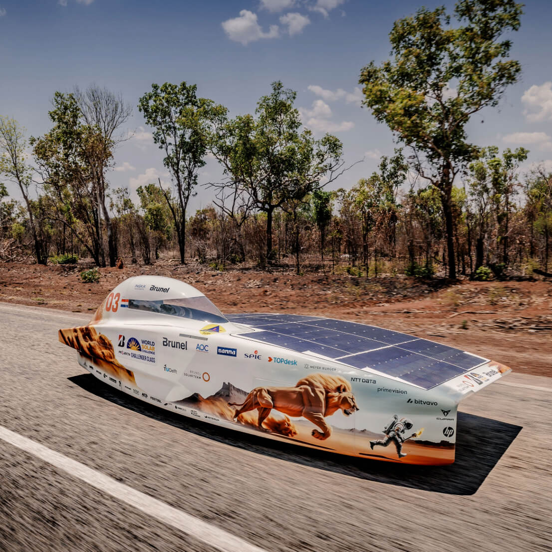 A solar powered vehicle on the road