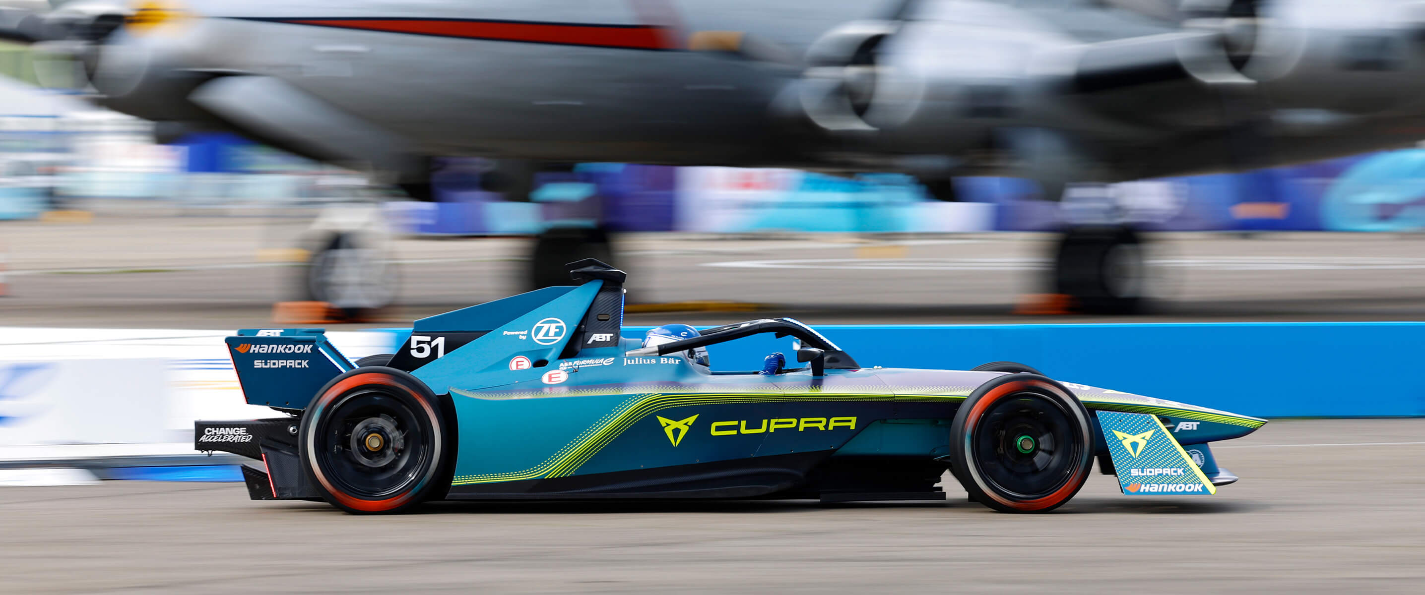 CUPRA Formula E car driving at speed on a racetrack