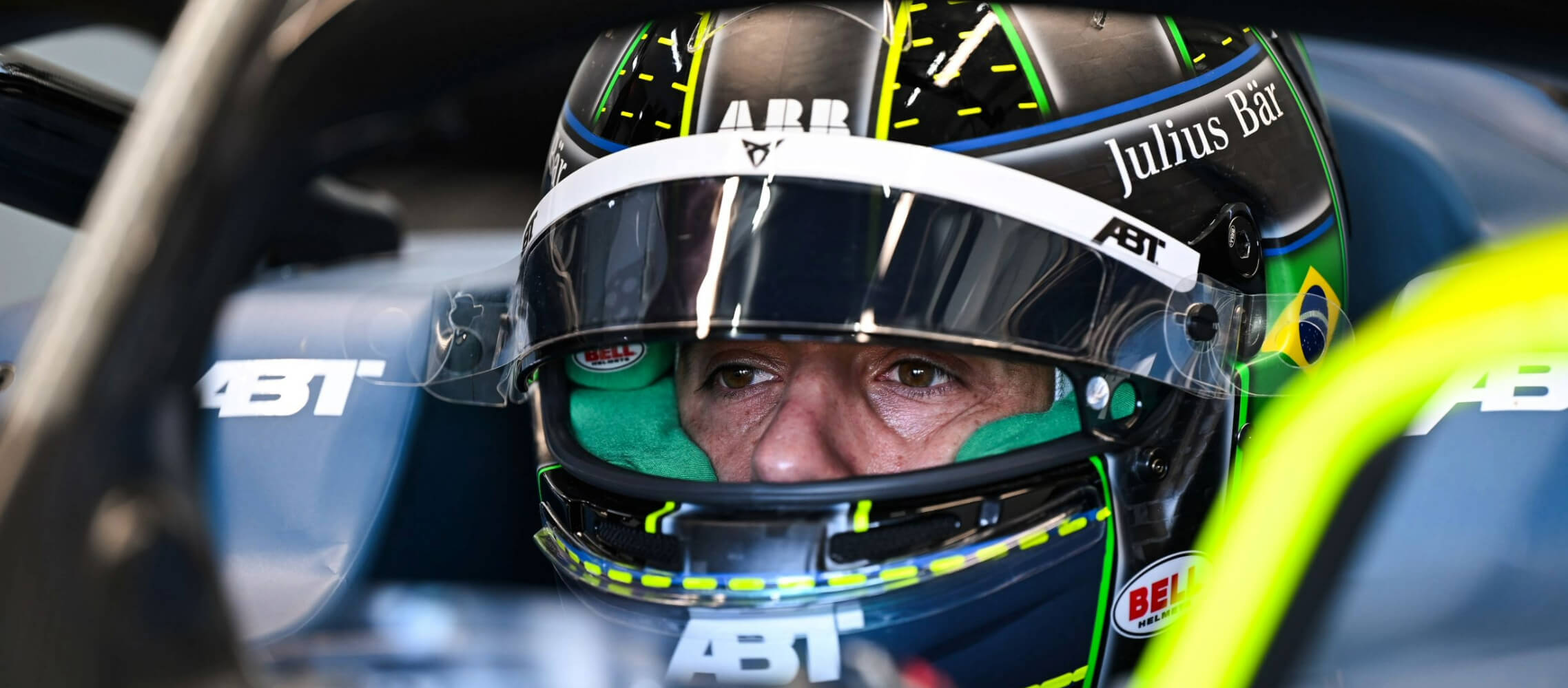 Close-up of Lucas di Grassi with helmet on