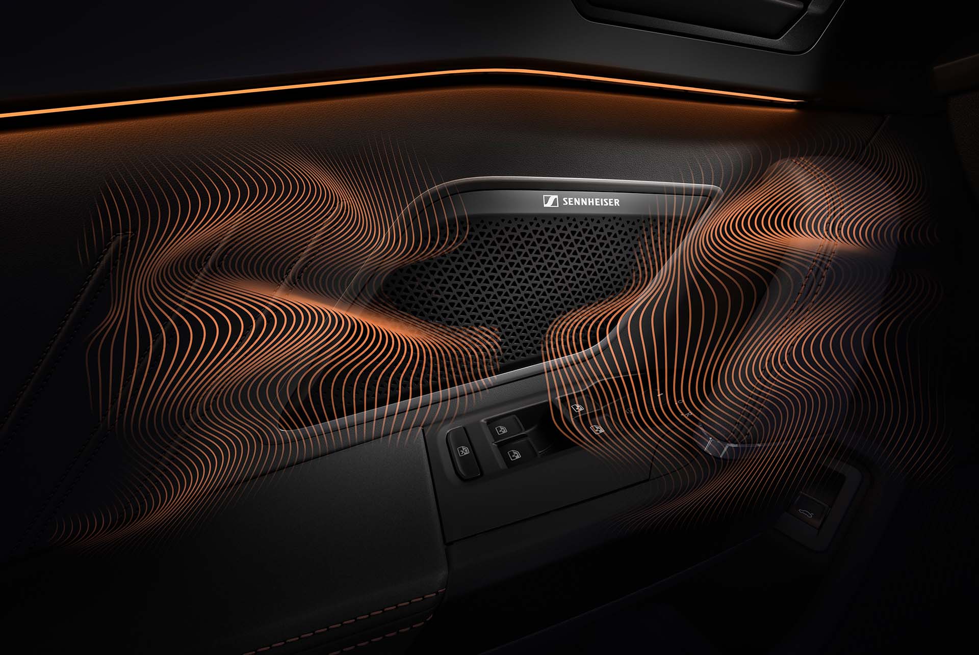 new cupra leon 2024 phev car technology,  immersive by sennheiser equipment. close up of sennheiser speaker on cupra leon door panel, sound waves and ambient lighting.