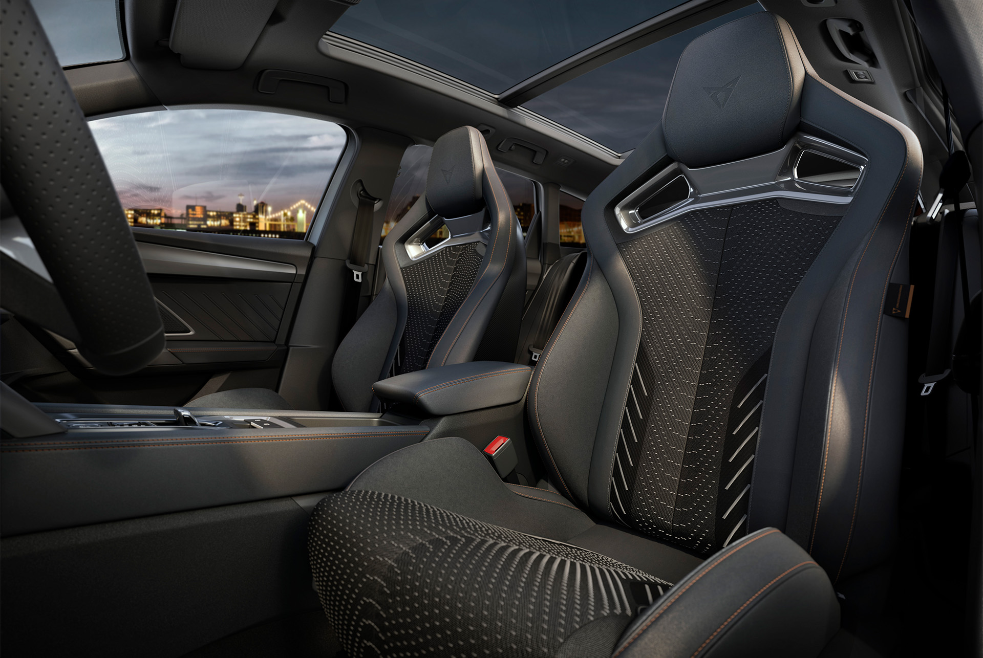 low angle view of new cupra leon sportstourer hybrid car interior design cockpit upholstery, steering wheel. central console and window