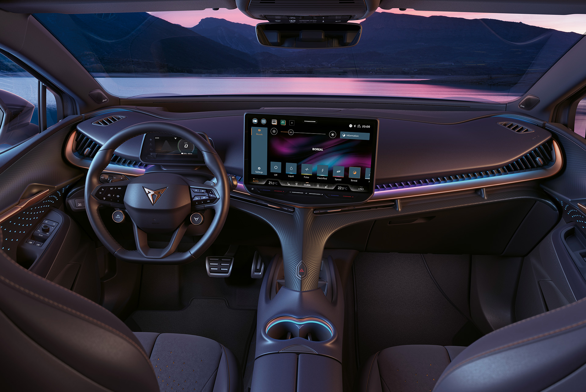 Interior view of the driver's seat, car dashboard and infotainment system in the 2024 CUPRA Tavascan