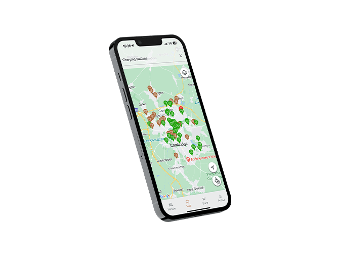 a mobile phone showing where charging stations are available on a map
