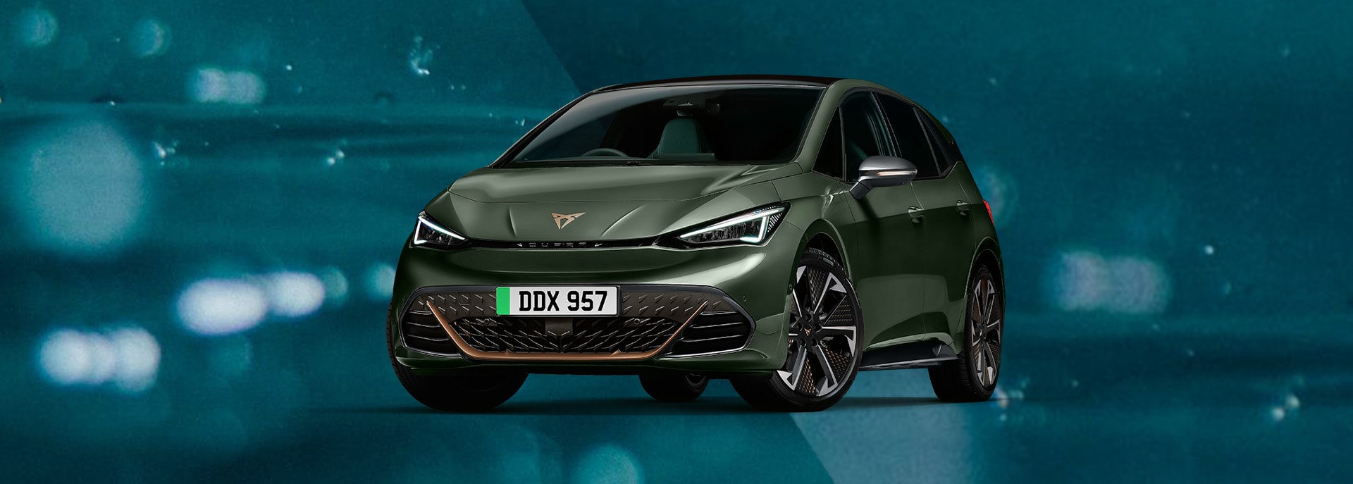 A green CUPRA Born on a green background