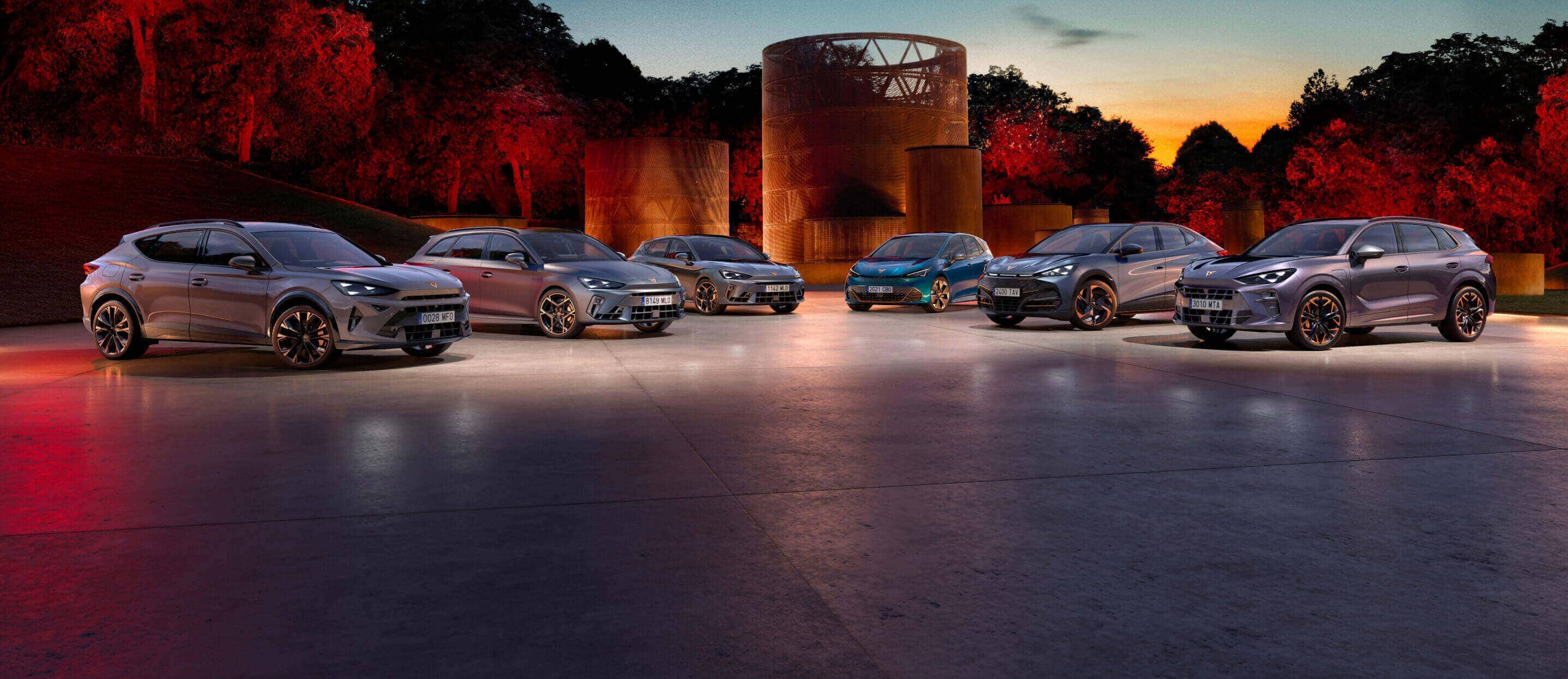 The full line up of CUPRA models including Born, Tavascan, Formentor, Terramar, Leon, Leon Estate and Ateca