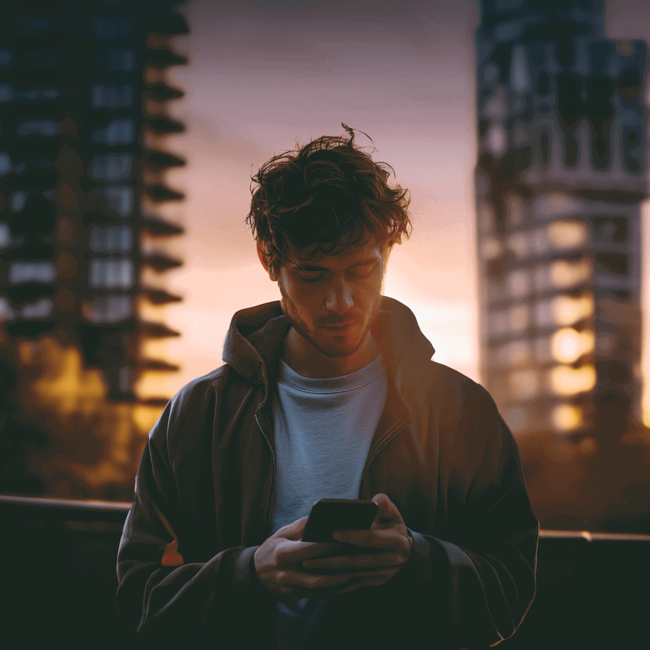 Person checking financial services offers on mobile phone with buildings in the background.