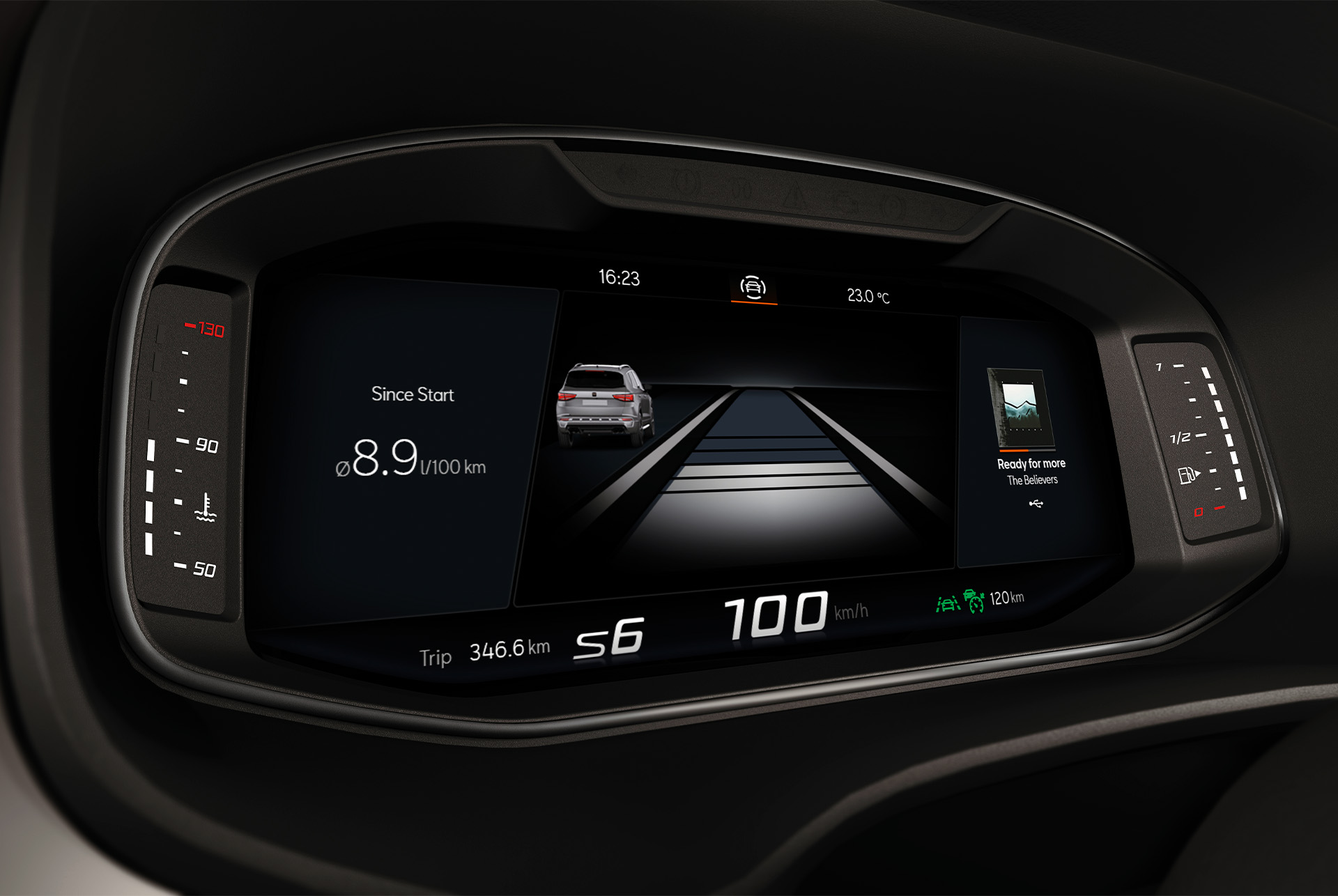 Digital display showcasing CUPRA Ateca's Safety XL Pack features, including Adaptive Cruise Control, High Beam Assist, and Traffic Sign Recognition for top-tier safety.