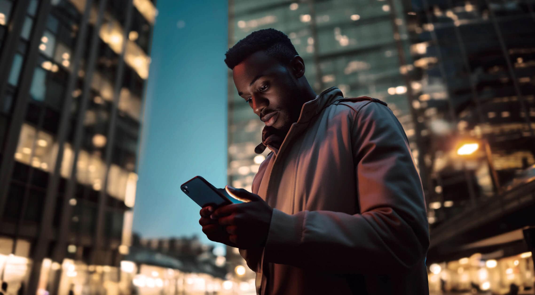 a man on his phone surrounded by high rise buildings