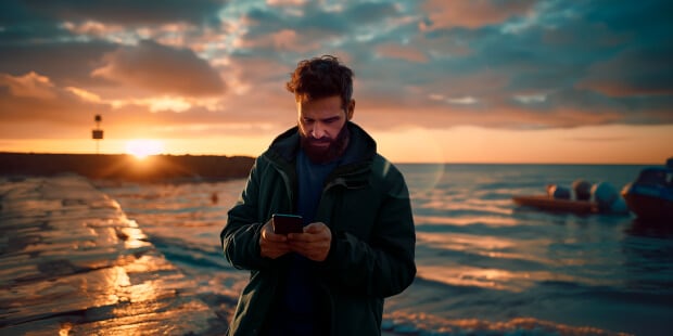 a man on his phone with the sun setting in the backgrounf over the ocean